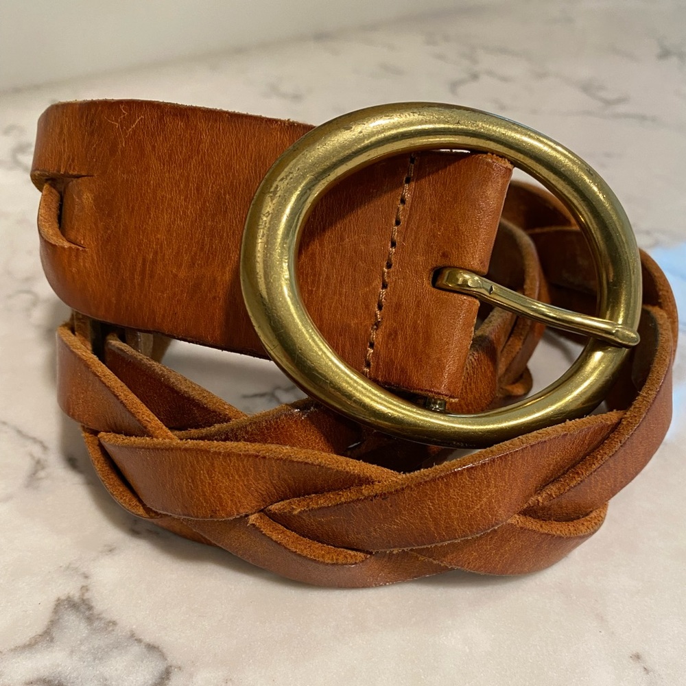 Braided Leather Belt with Brass Oval Buckle - Brown